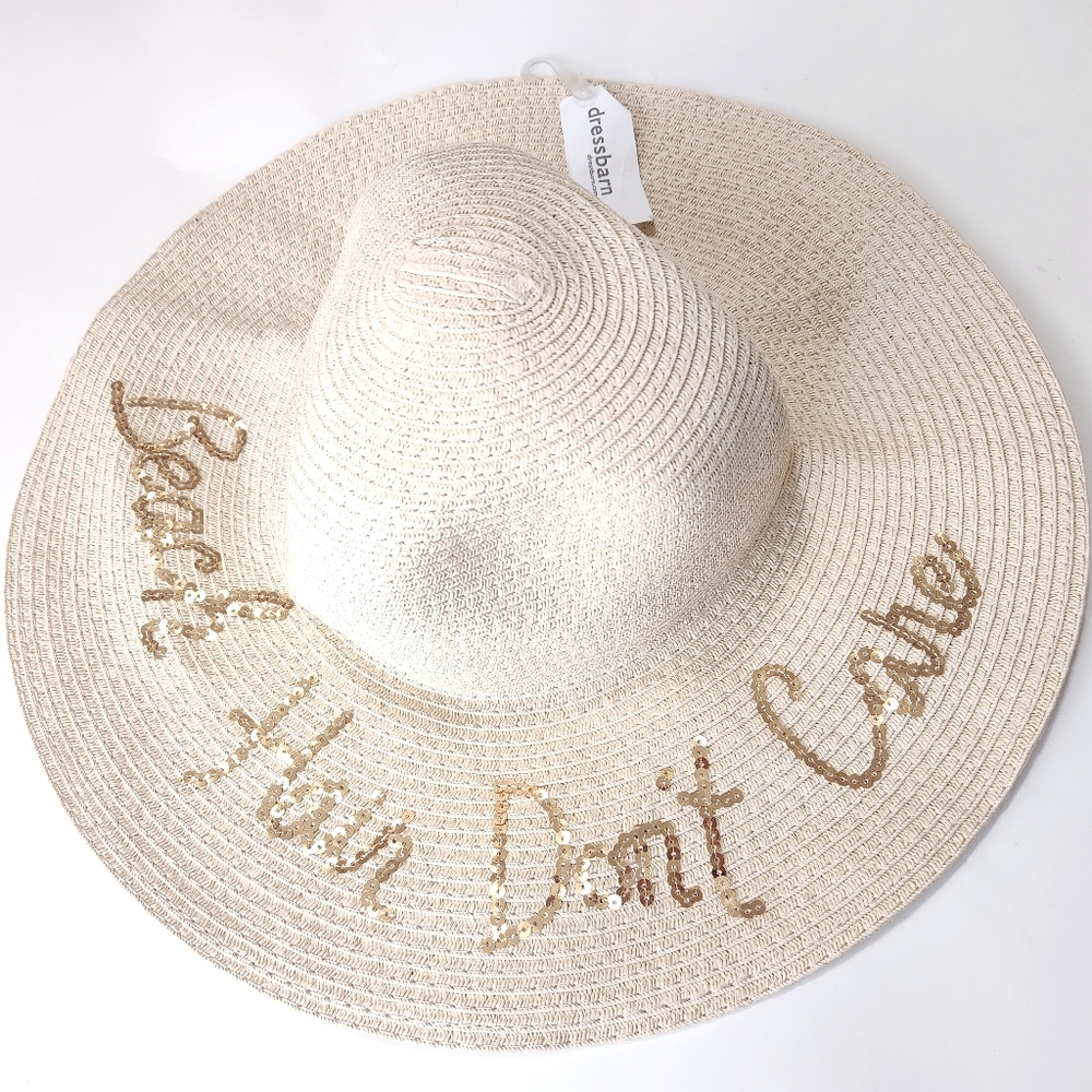 Beach Hair Don't Care Floppy Gold Sequin Straw Hat OS